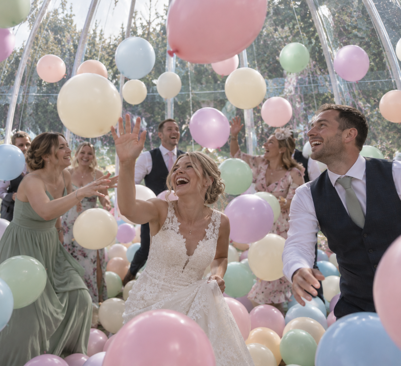 Bride, groom and guests laughing inside The Bubble as pastel balloons swirl around them at a wedding