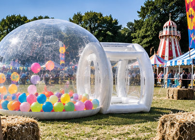 The Bubble at a summer festival with colourful balloons, fairground rides and hay bales