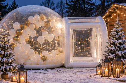 The Bubble in a snowy setting decorated with white and gold balloons, fairy lights and Christmas trees