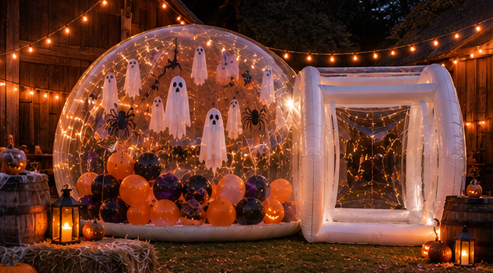 The Bubble decorated for Halloween with pumpkins, ghosts, spiders and orange and black balloons
