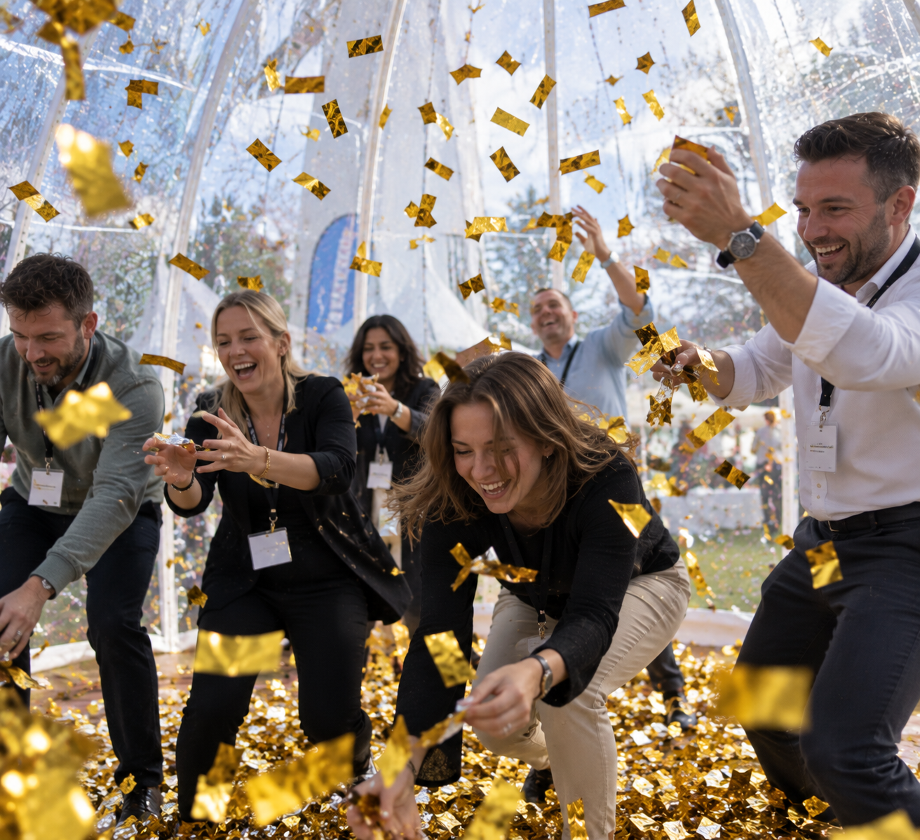 Colleagues laughing and catching golden foil slips inside The Bubble at a corporate event