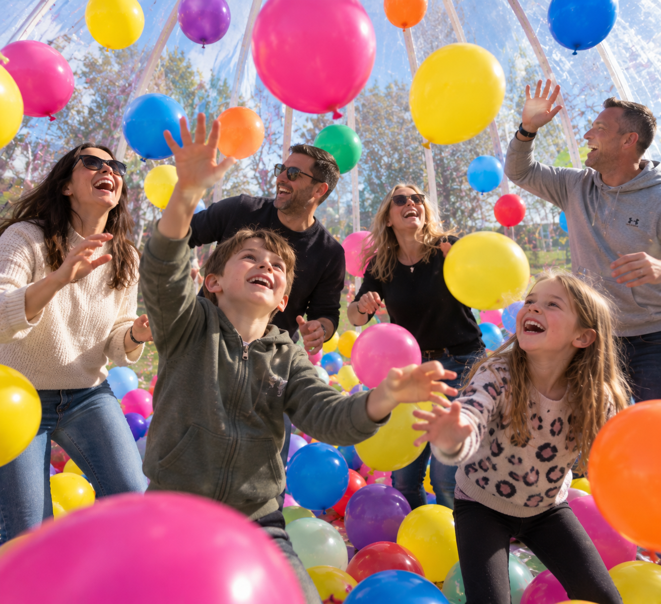 Families and friends laughing together inside The Bubble surrounded by colourful balloons